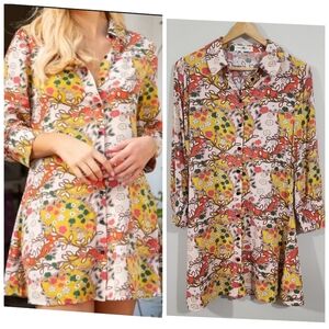 Natural Life Shirt Dress M Multicolor Floral Button Front Collared Boho Rayon‎